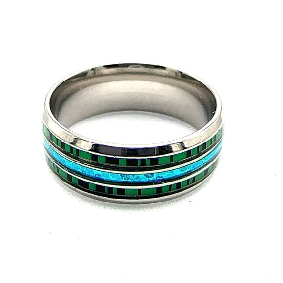 Stainless Steel Ring with Green and Blue Inlay - Picture 4 of 17